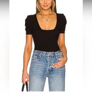 Free People So Fresh Puff Sleeve Bodysuit In Black